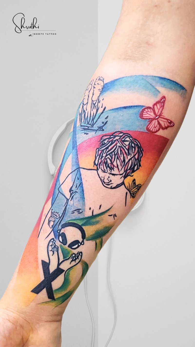 Ed Sheeran tattoo, music artist tattoo, forearm tattoo idea, colour tattoo, music tattoo