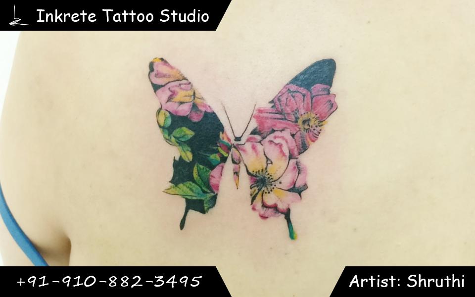 collage tattoo,butterfly,butterfly tattoo,back tattoo,floral tattoo,color tattoo