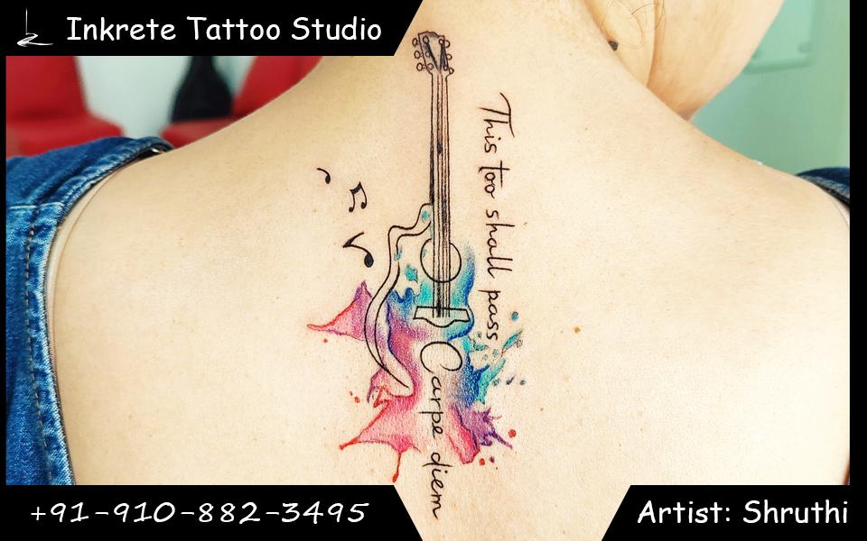 color tattoo, guitar tattoo, back tattoo