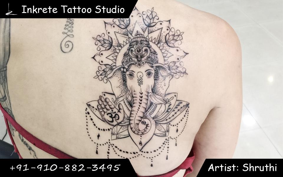 tattoo, ganesh Tattoo, religious tattoo, back tattoo, ornamental tattoo .. done by top / best tattoo artists in Inkrete Tattoo Studio