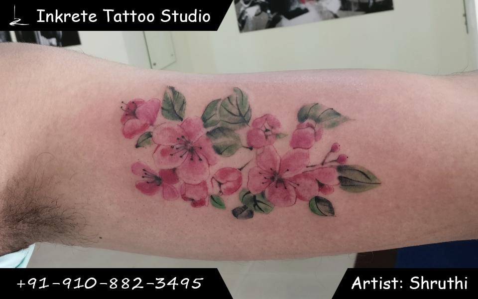 Flower tattoo, cherry blossom tattoo, Floral color tattoo, inner upper arm tattoo ideas
