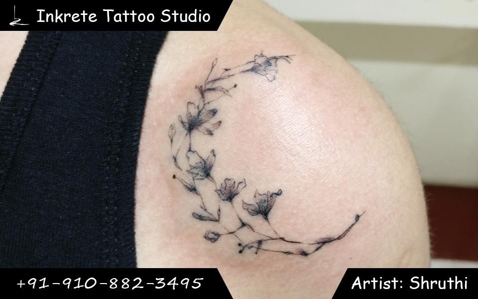 Floral tattoo, crescent Tattoo, delicate tattoo, minimal tattoo, shoulder tattoo