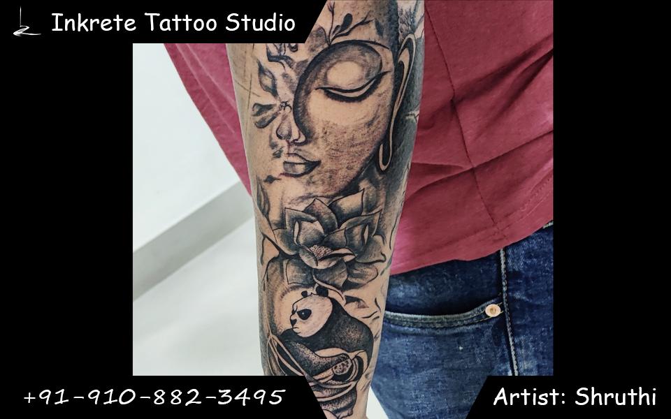 inkrete tattoo studio, best tattoo studio, best tattoo artist, buddha tattoo, kung fu panda tattoo, lotus tattoo, forearm tattoo