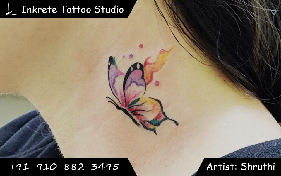 neck tattoo, water colour tattoo, butterfly tattoo, minimal tattoo idea