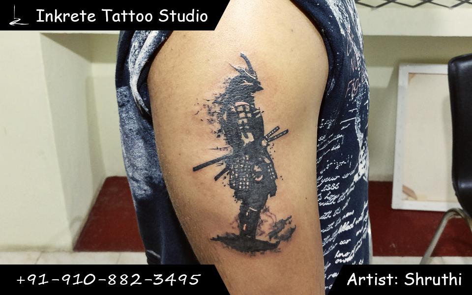 Samurai warrior tattoo, black tattoo, upper arm tattoo