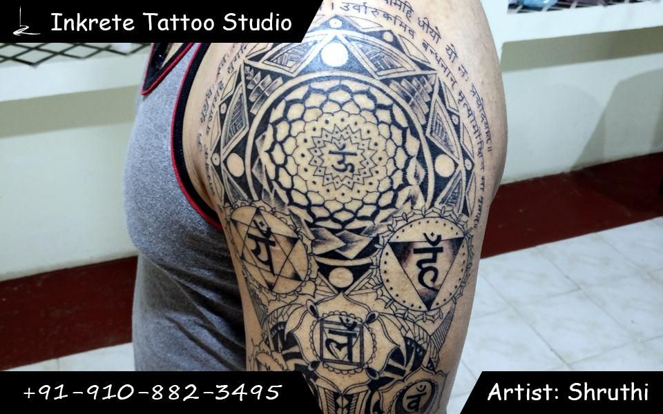 Upperarm tattoo, chakra tattoo, religious tattoo