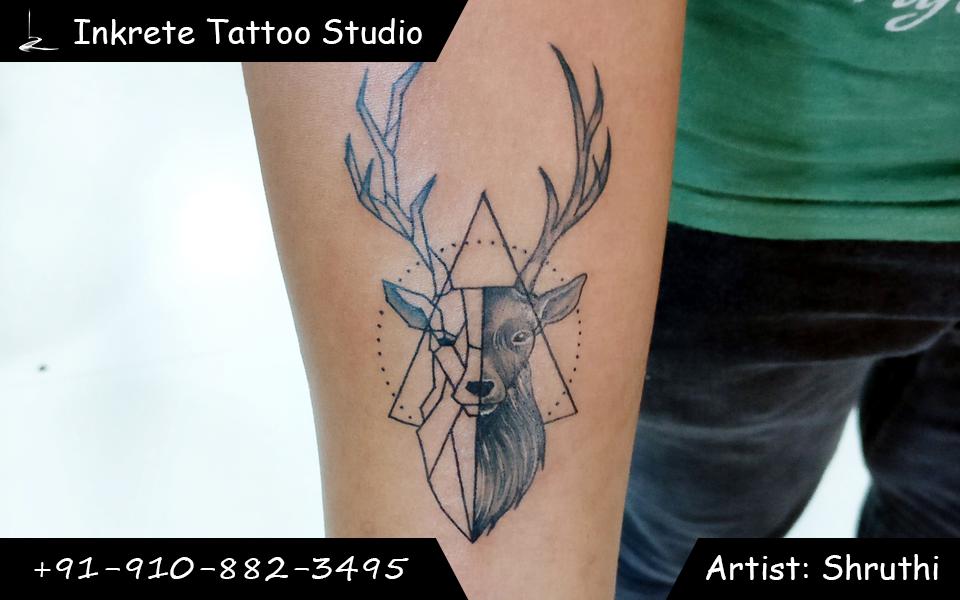 geometric tattoo,deer tattoo,forearm tattoo,fine lines tattoo