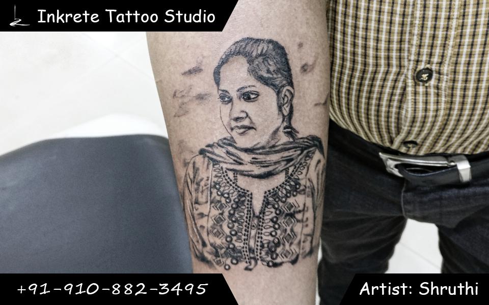 portrait tattoo, black and grey tattoo, forearm tattoo, realistic tattoo