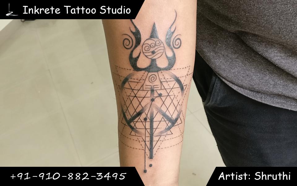 Geometric Trident tattoo, geometric thrishul tattoo, elements of life tattoo