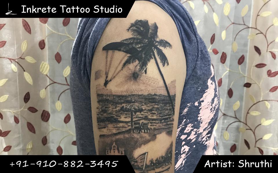 Goa tattoo, beach tattoo, tattoo ideas for men, upper arm tattoo