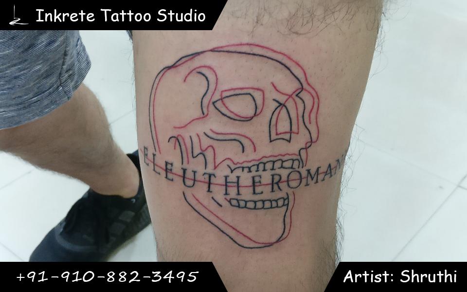 eleutheromania tattoo,skull tattoo,eleutheromania,eleutherophilia,contour tattoo,contour,red tattoo,black tattoo,line tattoo