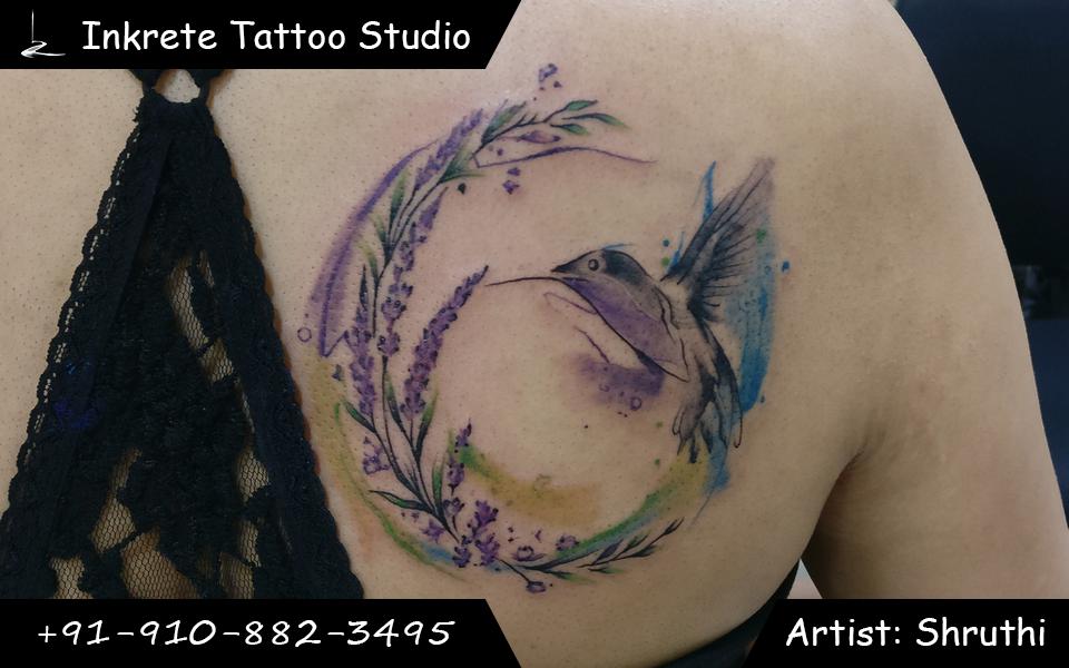 Hummingbird tattoo, color tattoo, back tattoo ideas, lavender flower tattoo