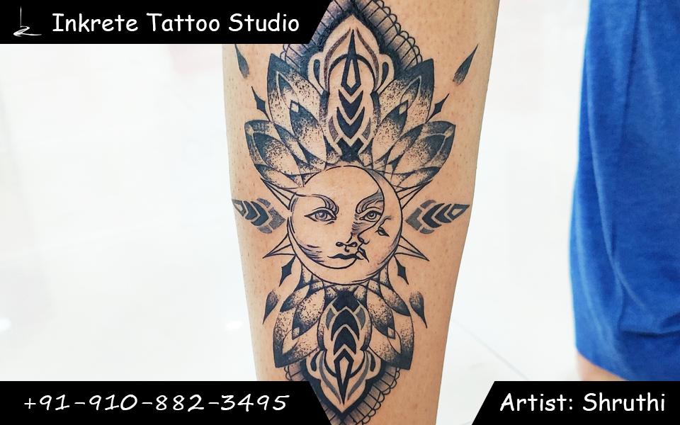 geometric tattoo, stipling tattoo, dotwork tattoo, mandala tattoo, sun moon tattoo, leg tattoo