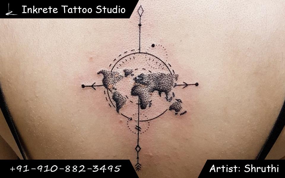 Globe tattoo, geometric tattoo, back tattoo