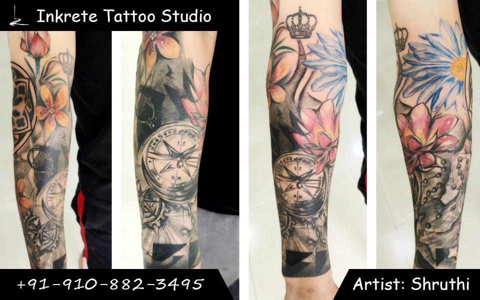 abstract tattoo, compass tattoo, sleeve tattoo