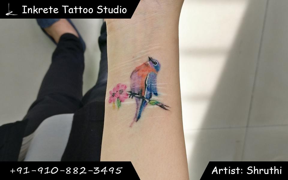 colour tattoo,bird tattoo,minimal tattoo,forearm tattoo,cute tattoo,floral tattoo